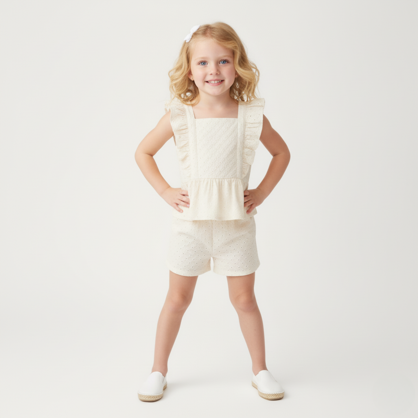 Organic Eyelet Flutter Top And Shorts Set - Ivory Eyelet