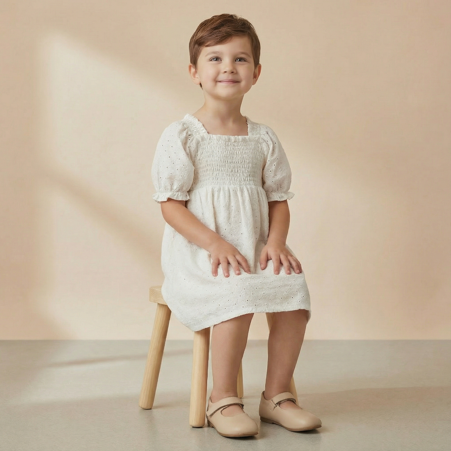 Organic Eyelet Bubble Sleeve Dress - Ivory Eyelet