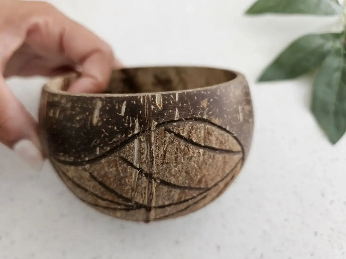 Hand-Carved Coconut Bowl – Leaf Pattern
