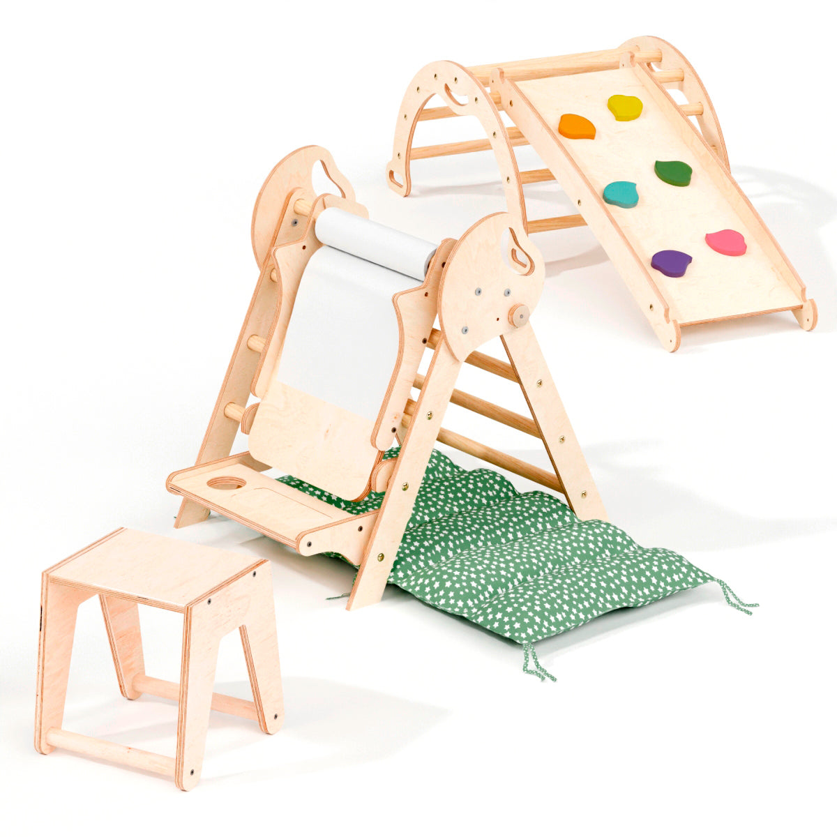 4in1 Montessori Climbing Set: Pikler Triangle, Arch, Slide Board, and Cushion for Toddlers (1–3 Years)