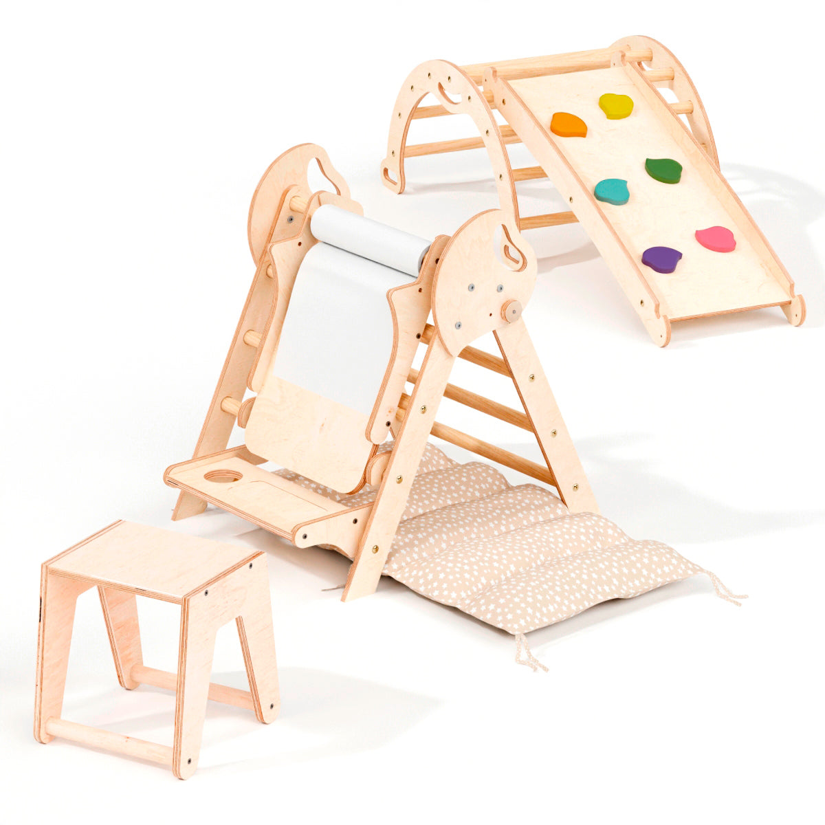 4in1 Montessori Climbing Set: Pikler Triangle, Arch, Slide Board, and Cushion for Toddlers (1–3 Years)