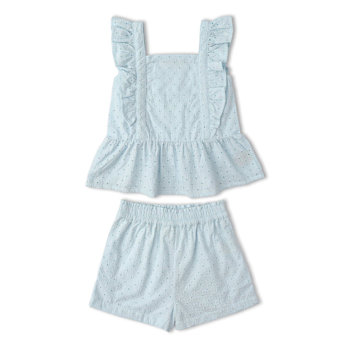 Organic Eyelet Flutter Top And Shorts Set - Light Blue Eyelet