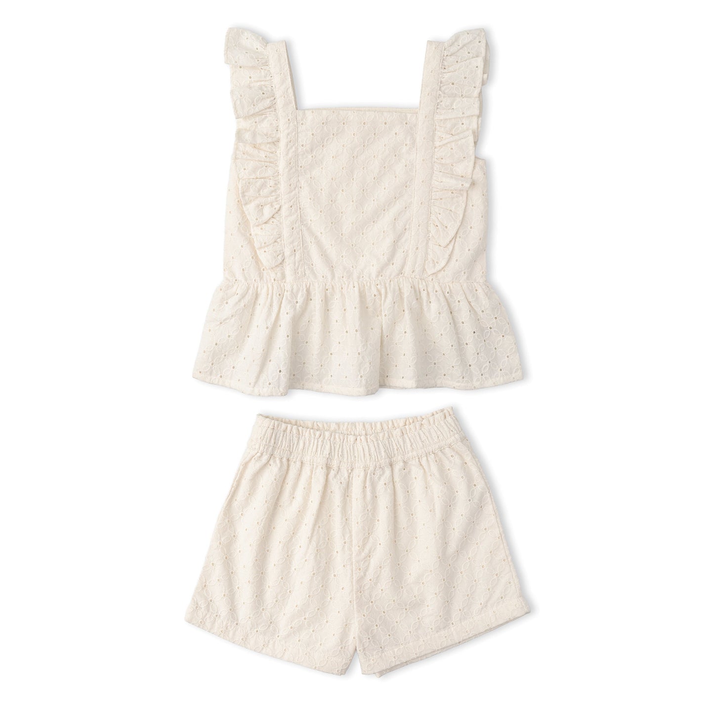 Organic Eyelet Flutter Top And Shorts Set - Ivory Eyelet