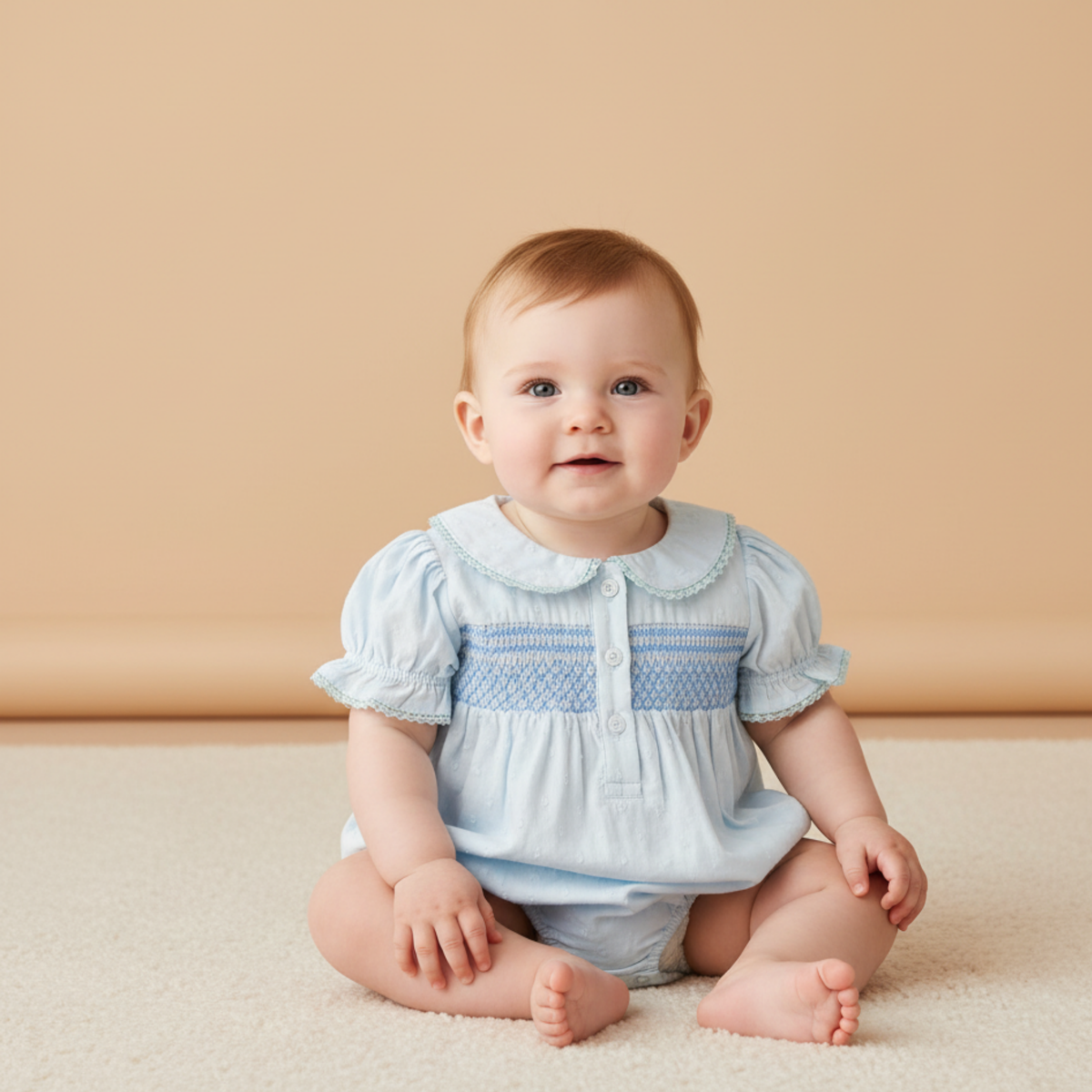 Organic Smocked Button Romper - Light Blue