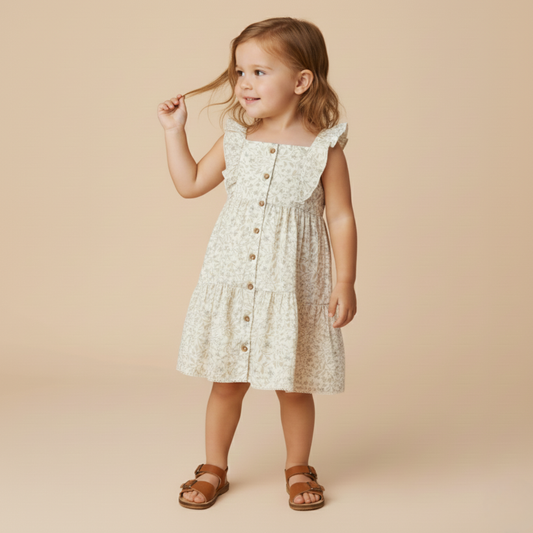 Organic Flutter Buttoned Tiered Dress - Bluebelle