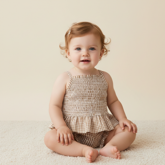 Organic Smocked Top And Bloomer Set - Caramel Check