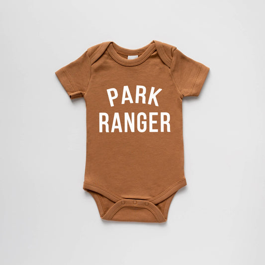Organic Baby Bodysuit – “Park Ranger” (Camel)