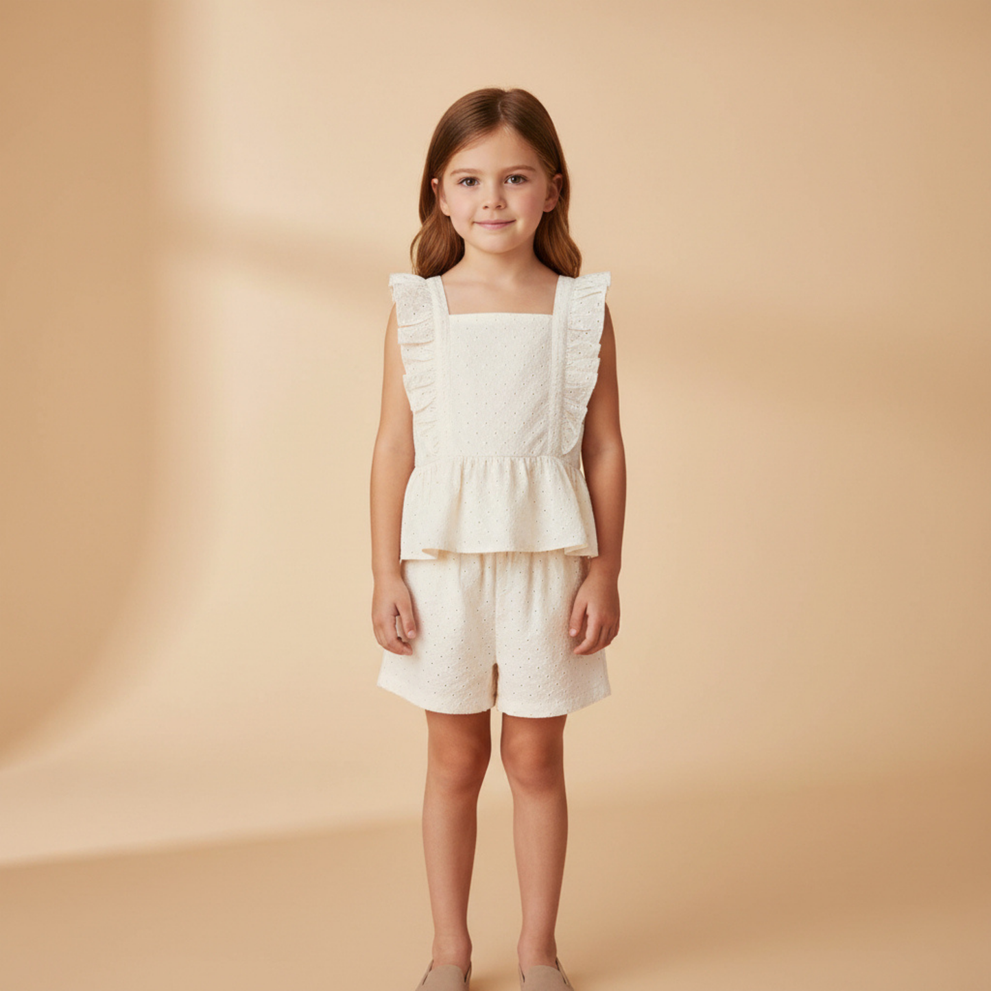 Organic Eyelet Flutter Top And Shorts Set - Ivory Eyelet