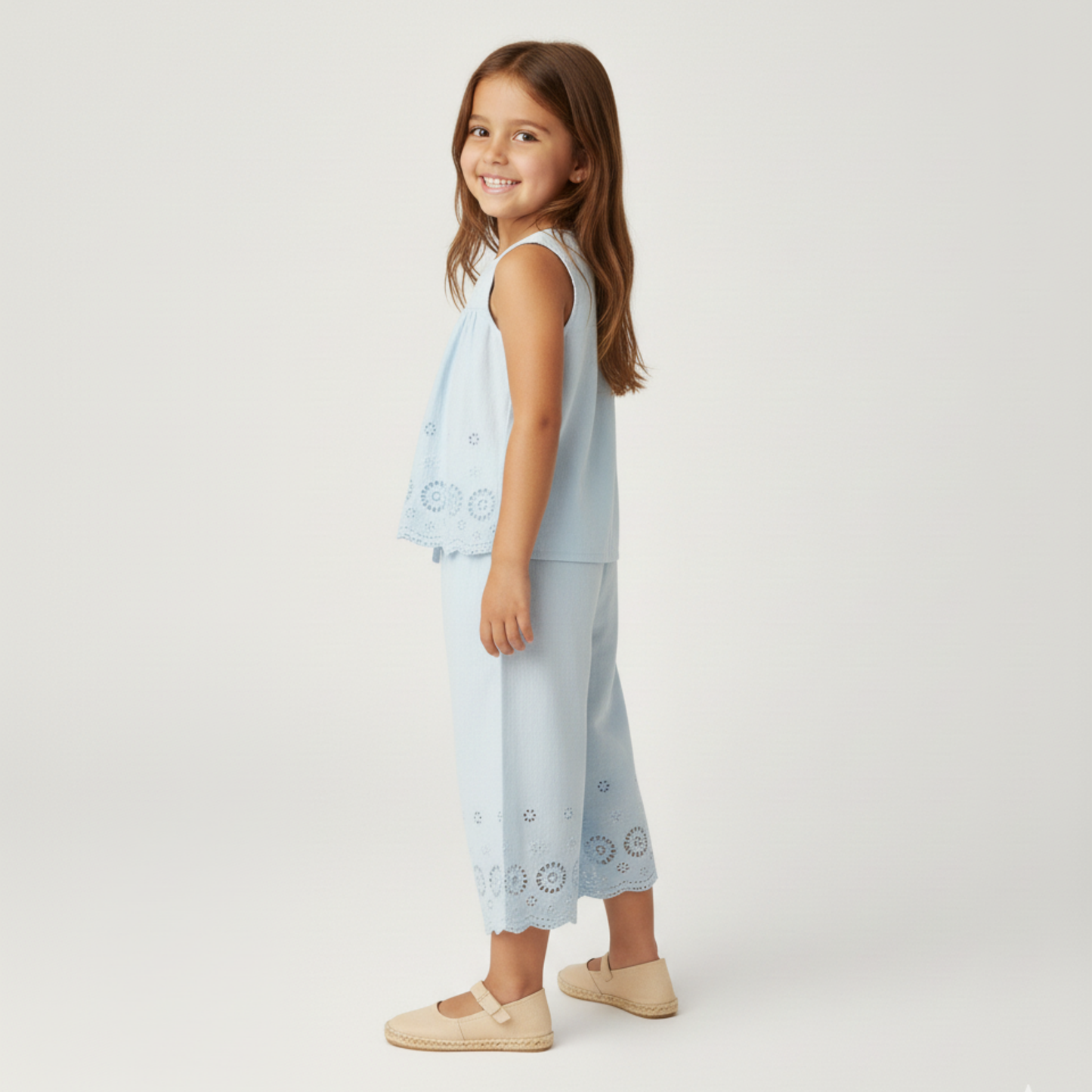 Organic Eyelet Top And Pant Set - Light Blue Eyelet