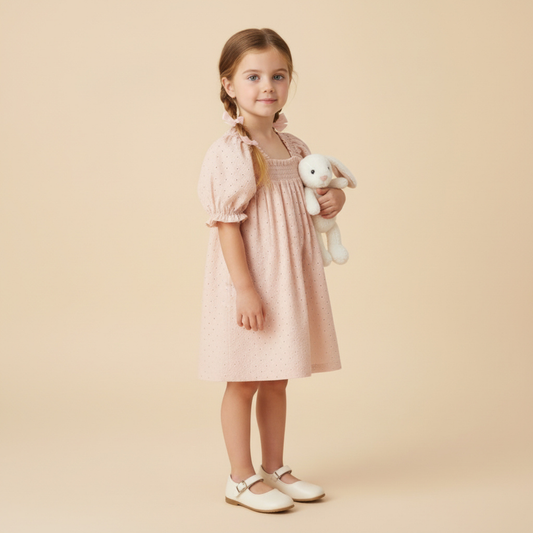 Organic Eyelet Bubble Sleeve Dress - Blush Eyelet
