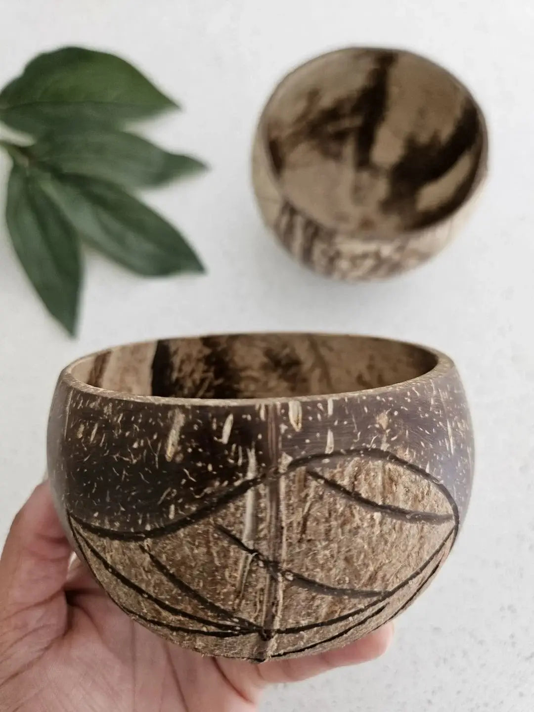 Hand-Carved Coconut Bowl – Leaf Pattern