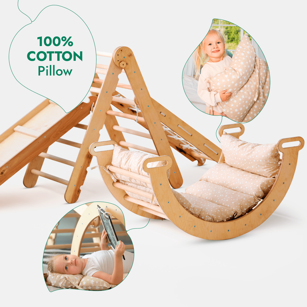 5in1 Montessori Climbing Set: Triangle Ladder + Arch/Rocker + Slide Board/Ramp + Netting rope + Cushion