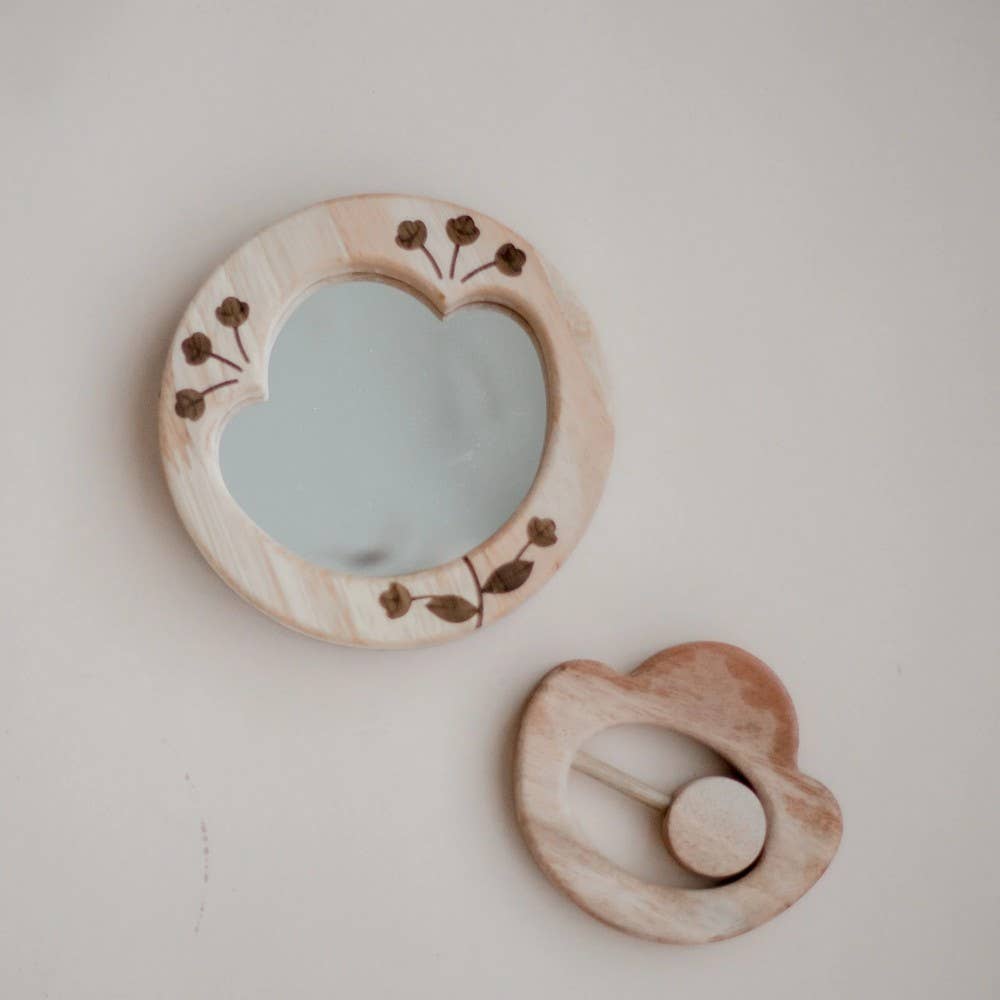 Wooden Baby Mirror & Flower Rattle Set