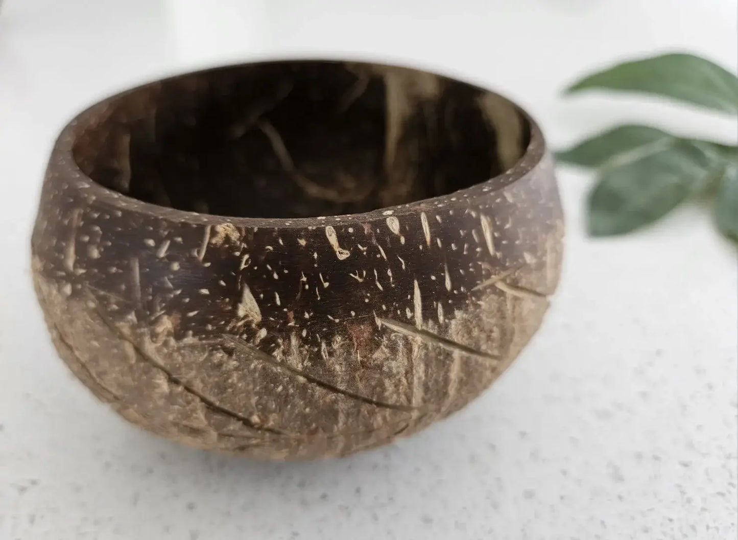 Hand-Carved Coconut Bowl – Fishbone Pattern