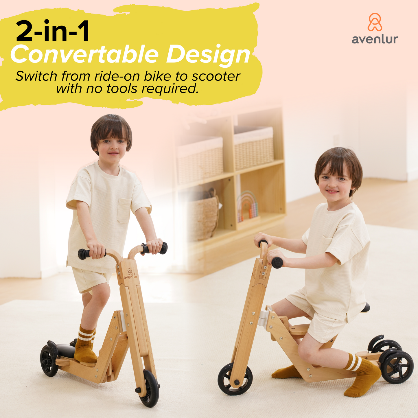 Juneberry 2-in-1 Wooden Scooter & Ride-On Toy for Toddlers