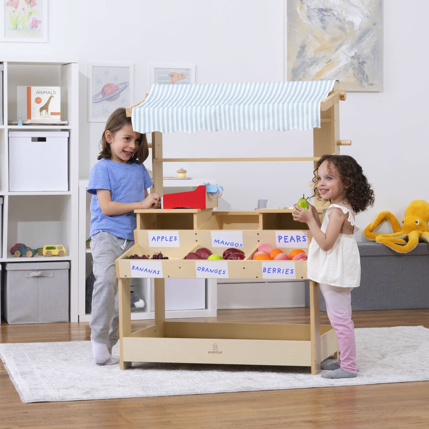 Cypress Wooden Market Stand – Pretend Play Shop for Kids with Storage