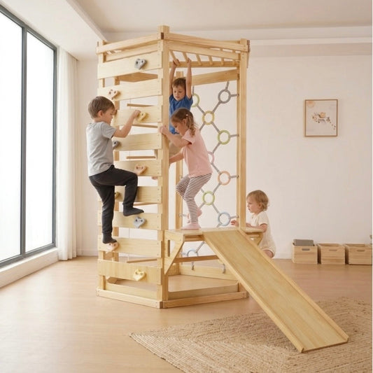 Hawthorn Indoor Playground | 93" Montessori Climbing Gym with Slide & Rope Net