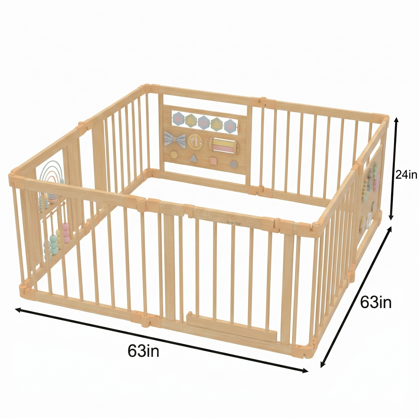 Wooden Baby Playpen with Sensory Activity Panels – 63" x 63" Square, Foldable Indoor Play Yard with Montessori Toys