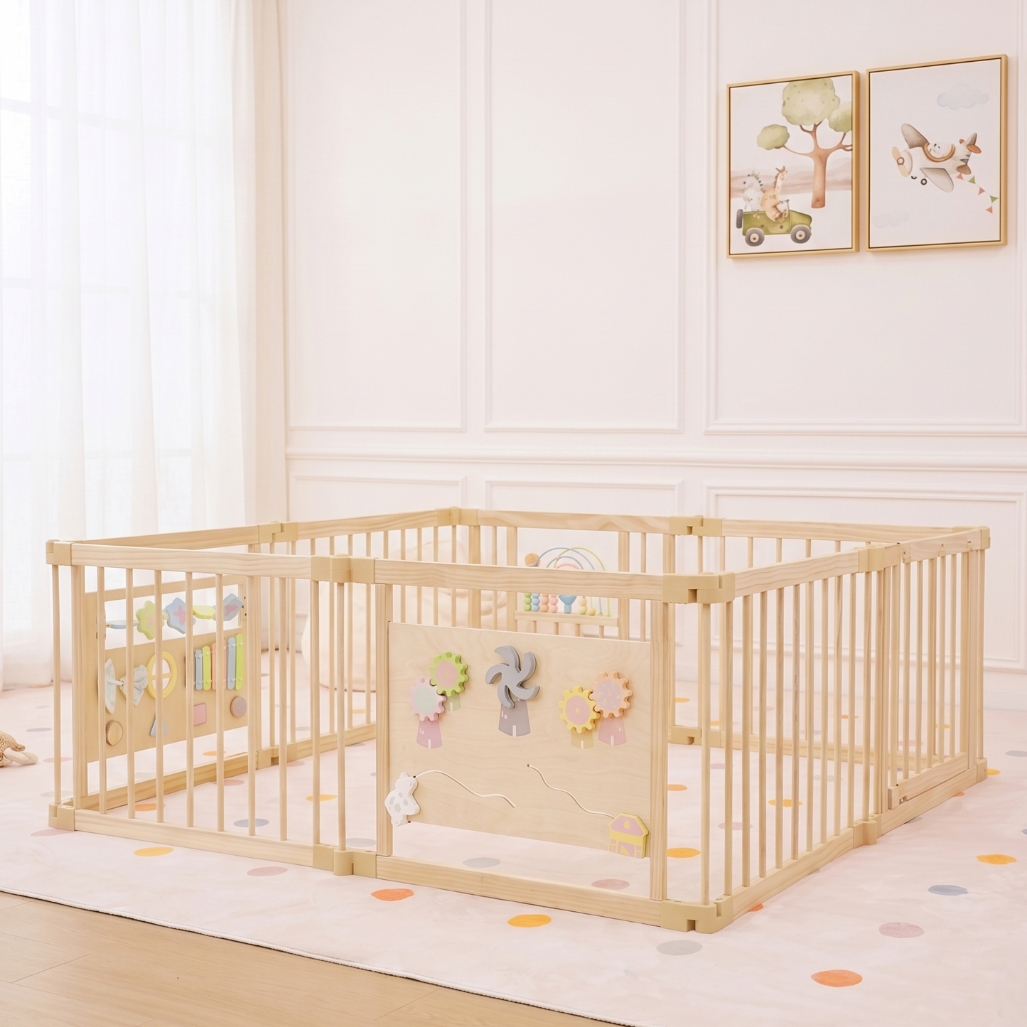 Wooden Baby Playpen with Sensory Activity Panels – 63" x 63" Square, Foldable Indoor Play Yard with Montessori Toys