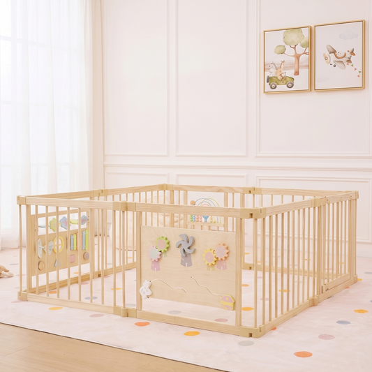 Wooden Baby Playpen with Sensory Activity Panels – 63" x 63" Square, Foldable Indoor Play Yard with Montessori Toys