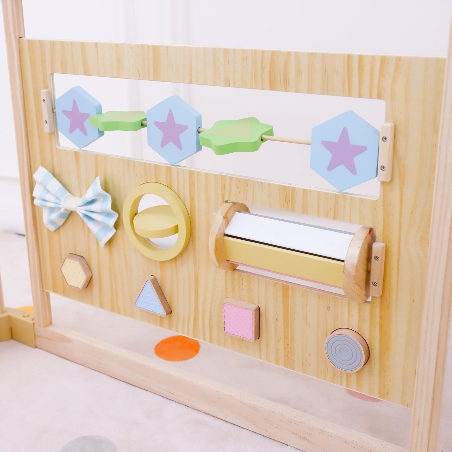 Wooden Baby Playpen with Sensory Activity Panels – 63" x 63" Square, Foldable Indoor Play Yard with Montessori Toys