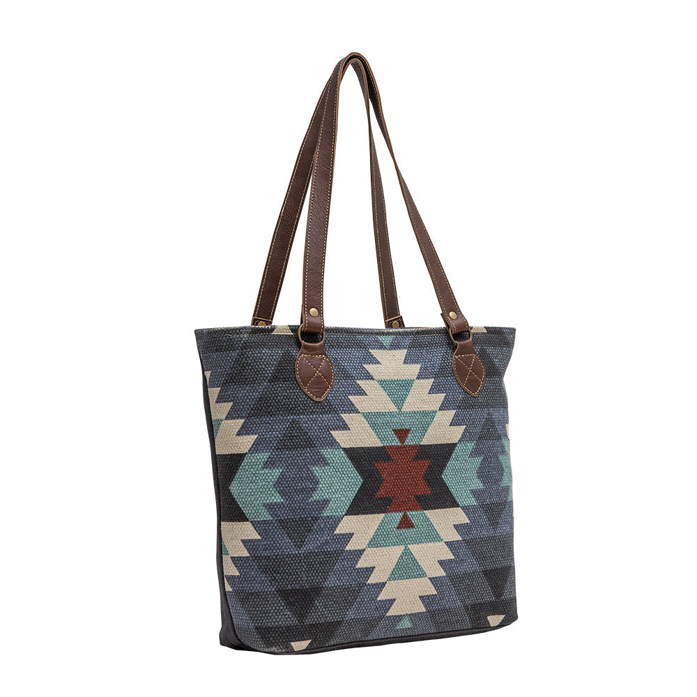 Myra Polos Aztec Canvas Tote for Women â€“ Tribal Print Body with Dual Leather Handles for Everyday Western Style