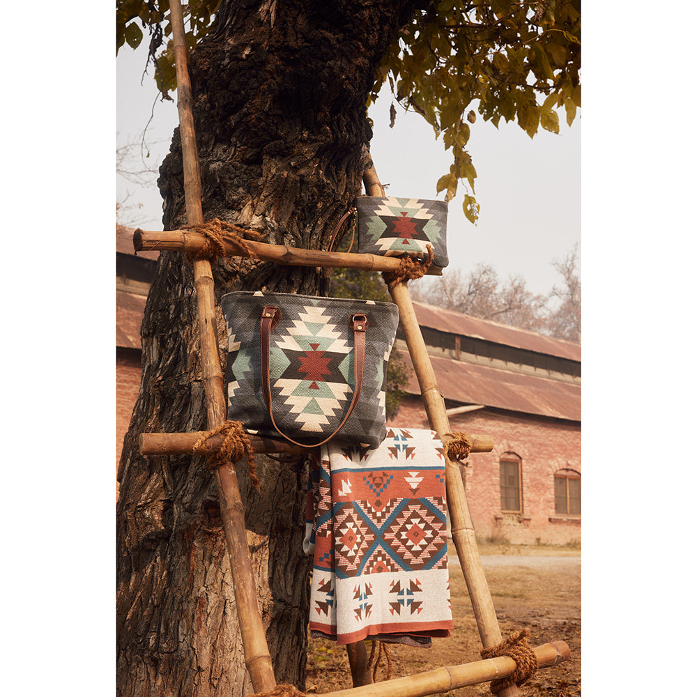 Myra Polos Aztec Canvas Tote for Women â€“ Tribal Print Body with Dual Leather Handles for Everyday Western Style