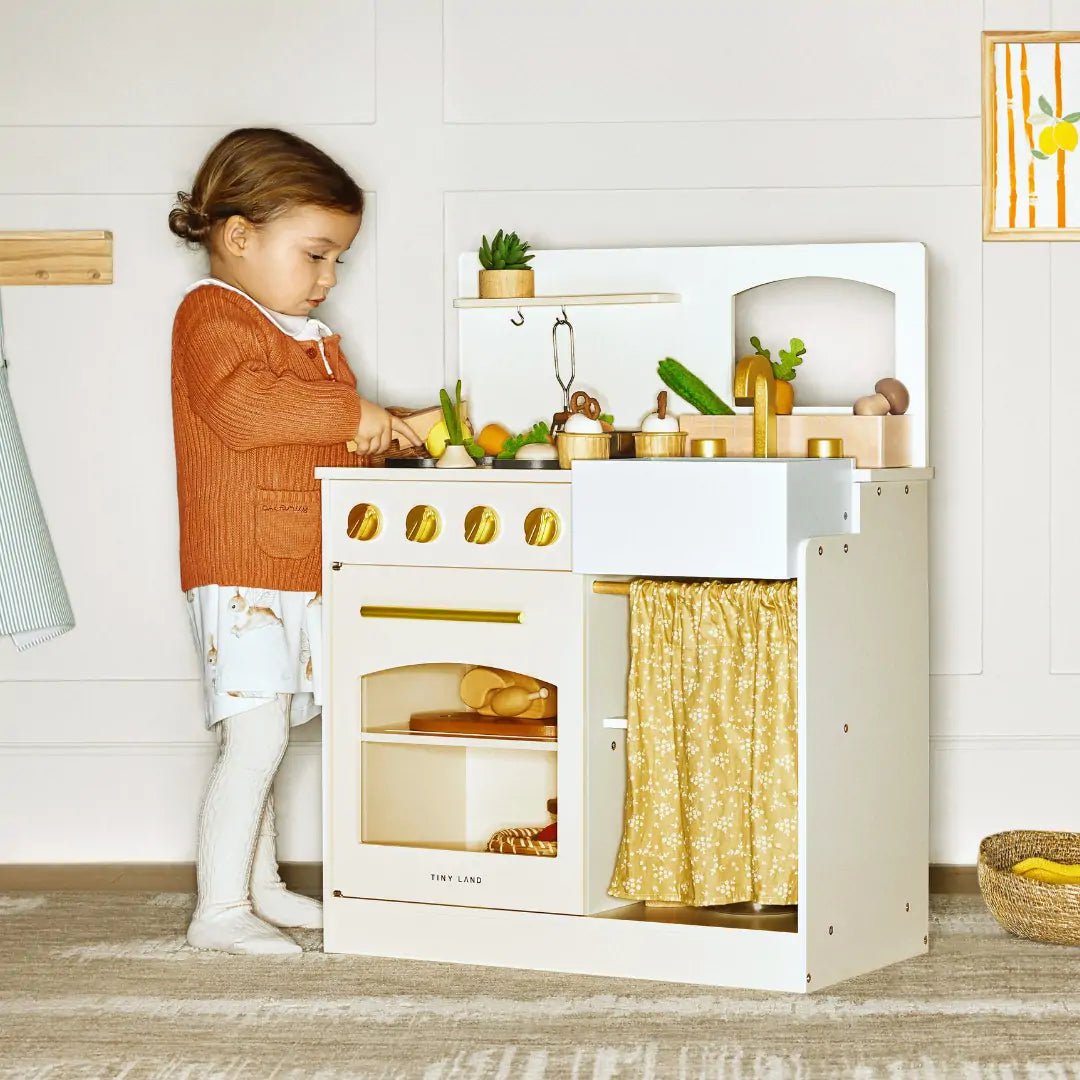 Wooden Play Kitchen for Toddlers - Honey Kitchenette Pretend Cooking Set