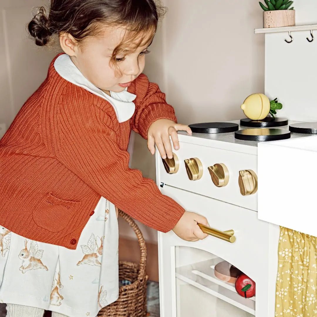 Wooden Play Kitchen for Toddlers - Honey Kitchenette Pretend Cooking Set