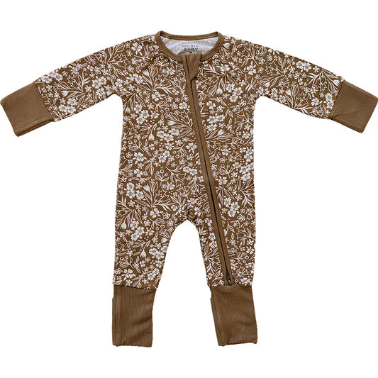 Brown Floral Ribbed Bamboo Zipper