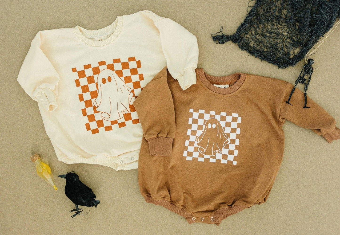 Checkered Ghost Sweatshirt Romper