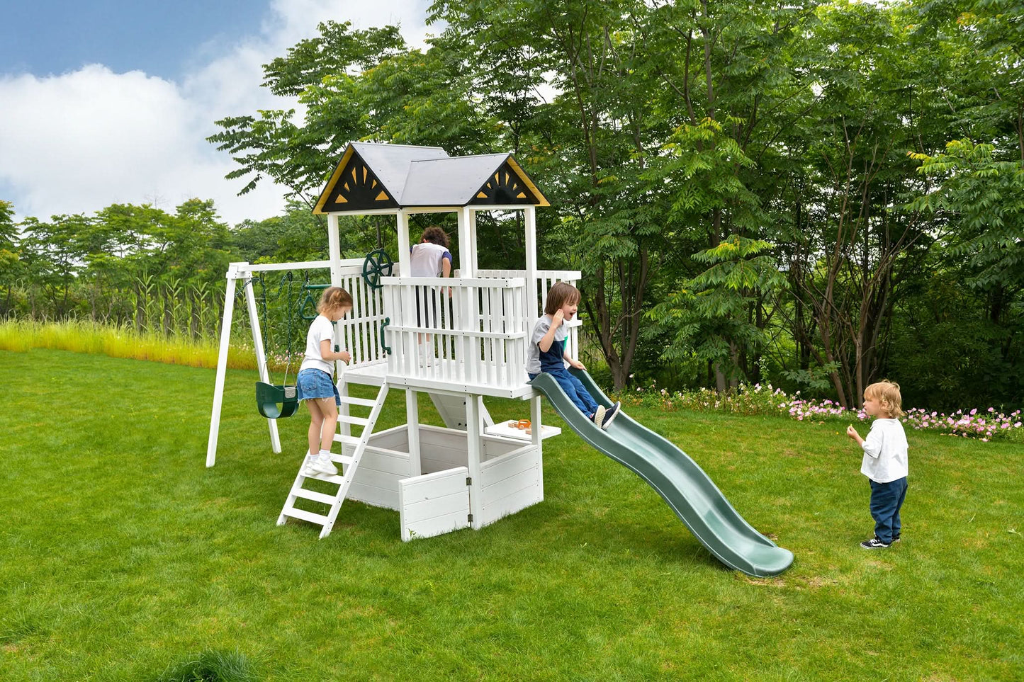 Craftsman Modern Outdoor Swing Set | Wooden Backyard Swing Frame for Kids