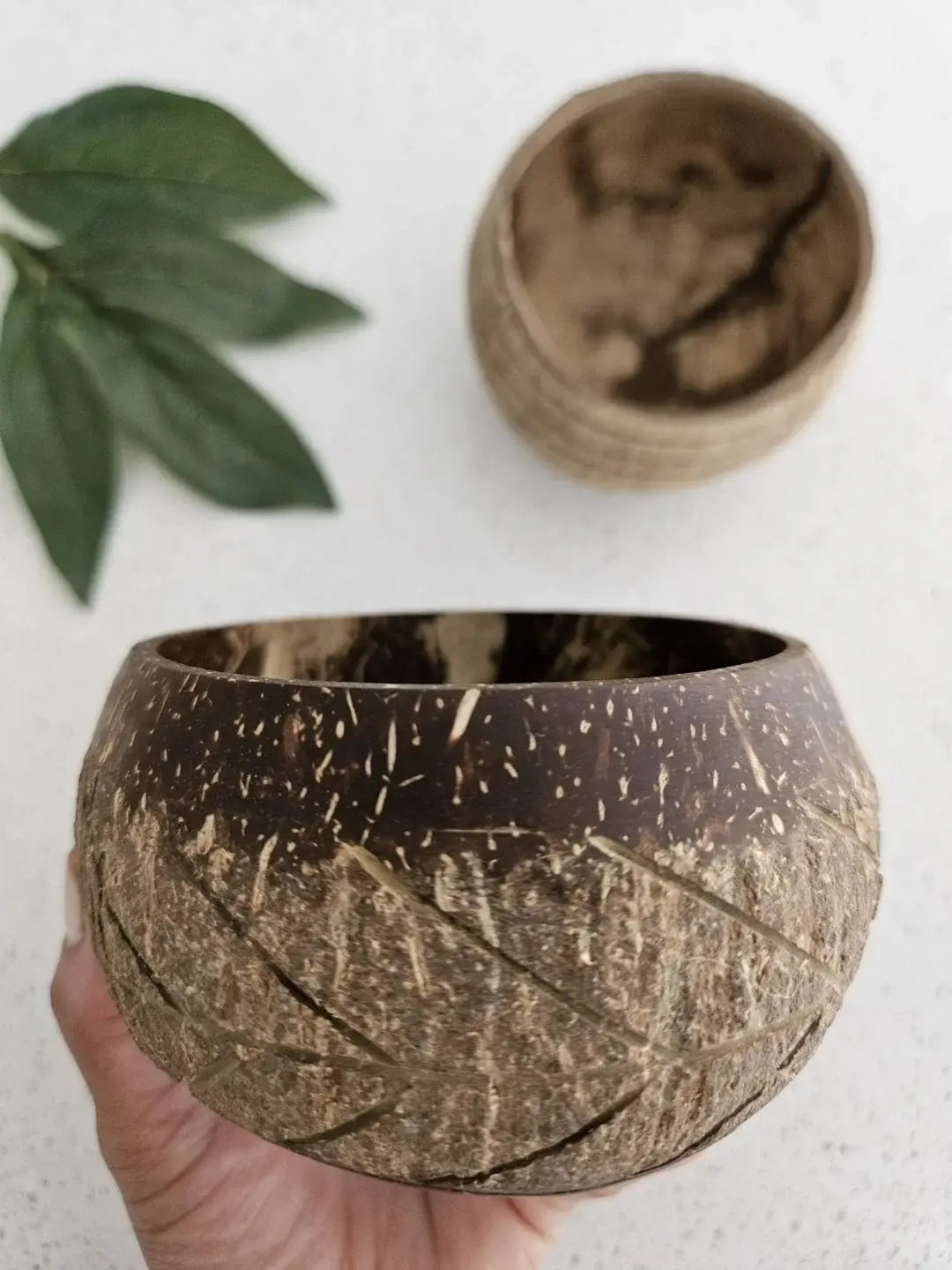 Hand-Carved Coconut Bowl – Fishbone Pattern