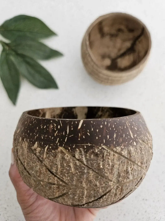 Hand-Carved Coconut Bowl – Fishbone Pattern