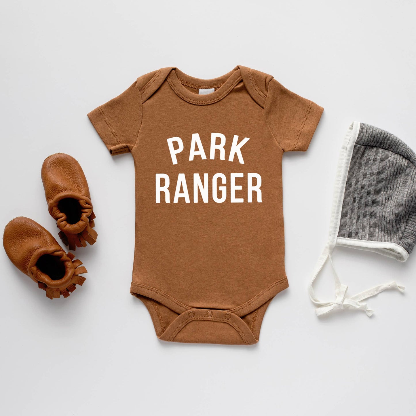 Organic Baby Bodysuit – “Park Ranger” (Camel)
