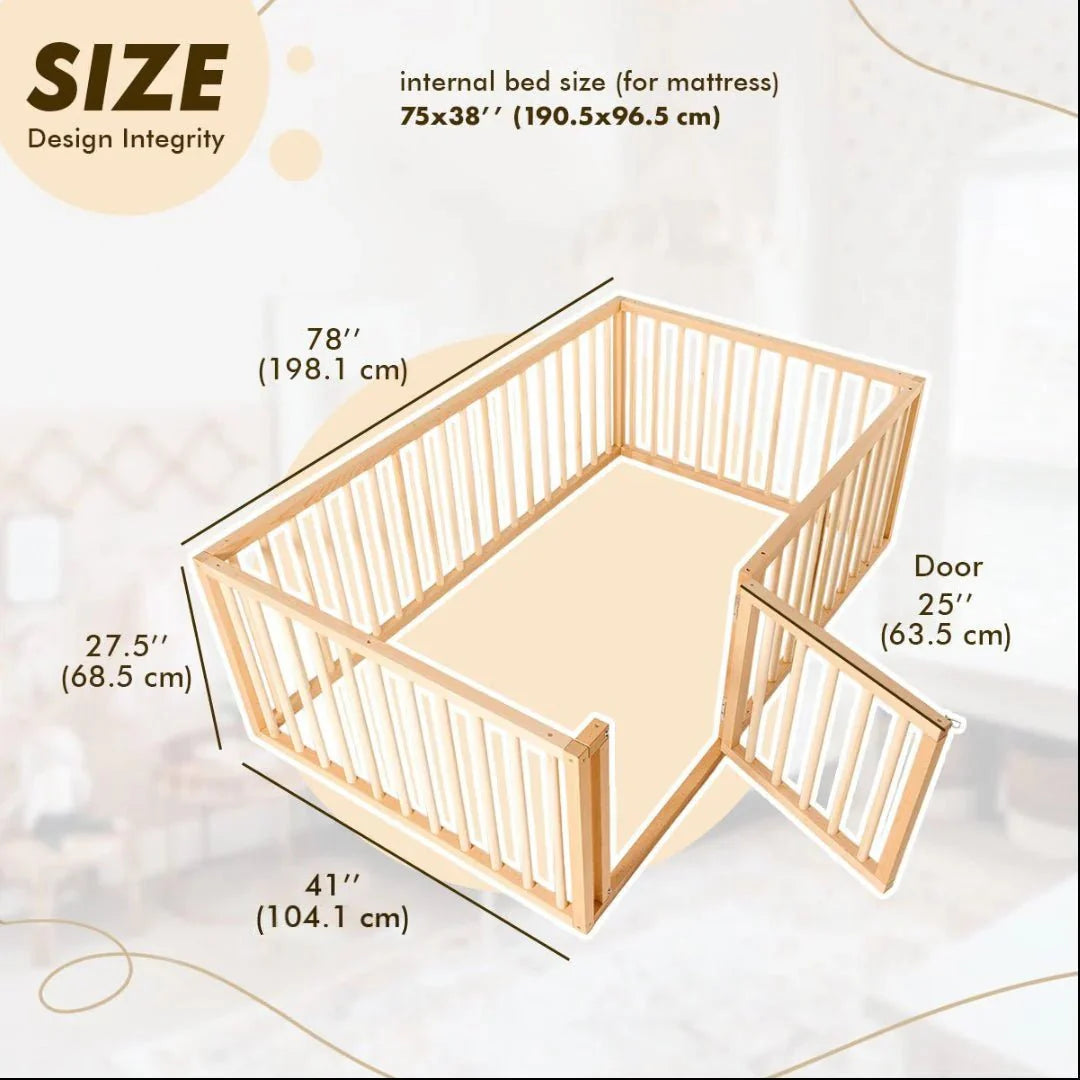 Full Montessori Floor Bed Frame for Toddlers with Fence