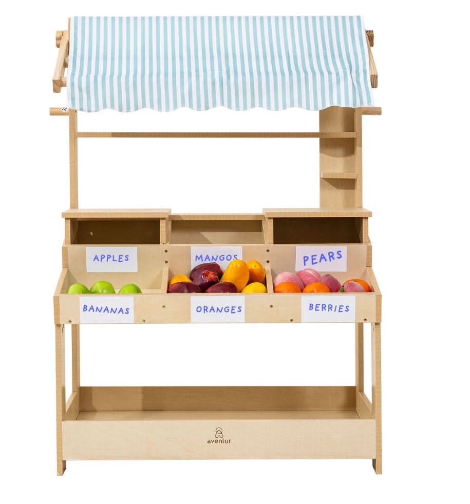 Cypress Wooden Market Stand – Pretend Play Shop for Kids with Storage