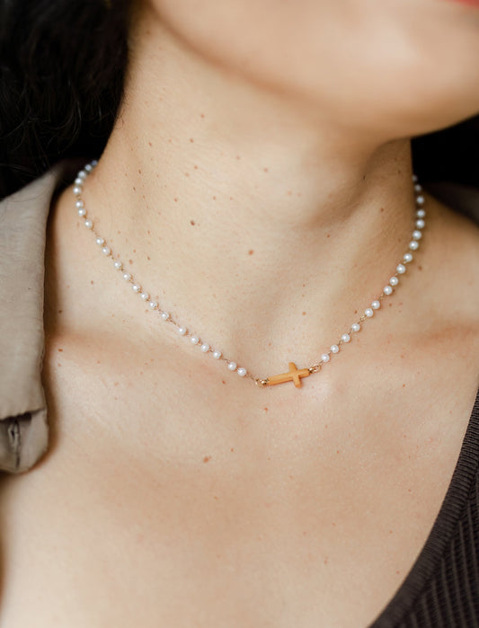 Necklace: Pearl with Gold Cross